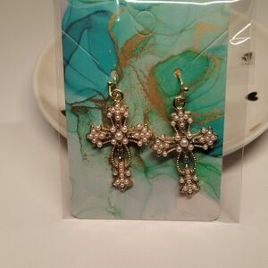 Pretty Gold Tone Pearl Cross Earrings